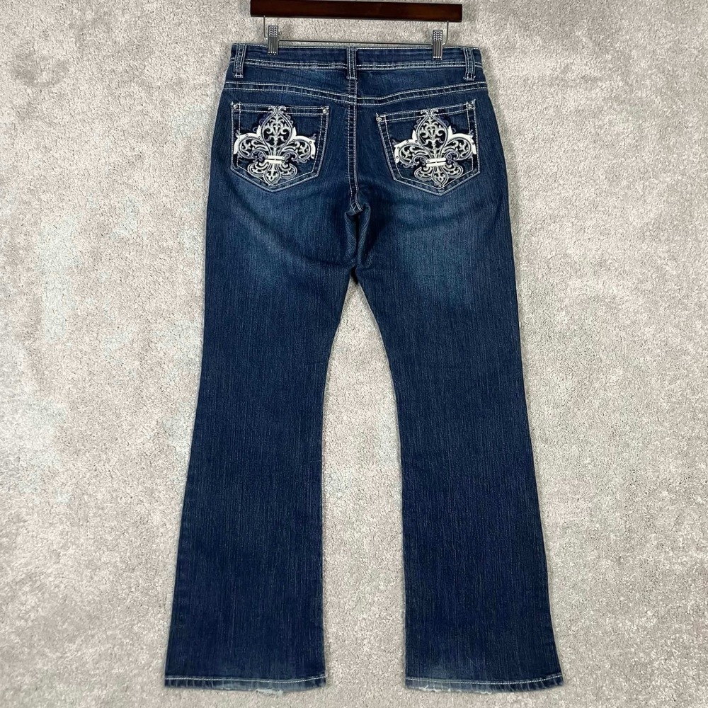 Y2K Rhinestone Jeans Blue Bootcut Fleur De Lis Embroidered Pockets Mcbling Sz 10